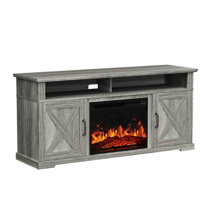 Electric Fireplace TV Stand for TVs up to 75", Farmhouse Entertainment Center with Fireplace, Grey