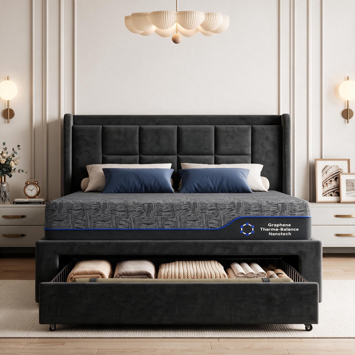 CHITOOMA 2 Piece Bedroom Furniture Set,Queen Bed Frame & 12" Memory Foam Mattress,Upholstered Platform Bed with Storage Drawers,RGB LED Headboard,Charging Station,Gray
