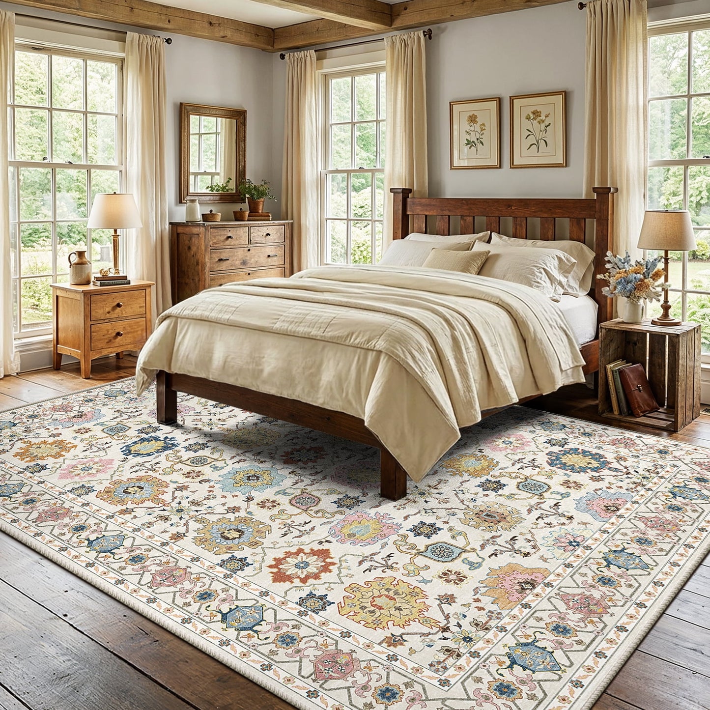 CHITOOMA 8'x10' Area Rugs for Living Room, Boho Machine Washable Floral Area Rug with Non-Slip Backing, Stain Resistant Non-Shed Carpet for Bedroom, Dining Room, Dorm, Office