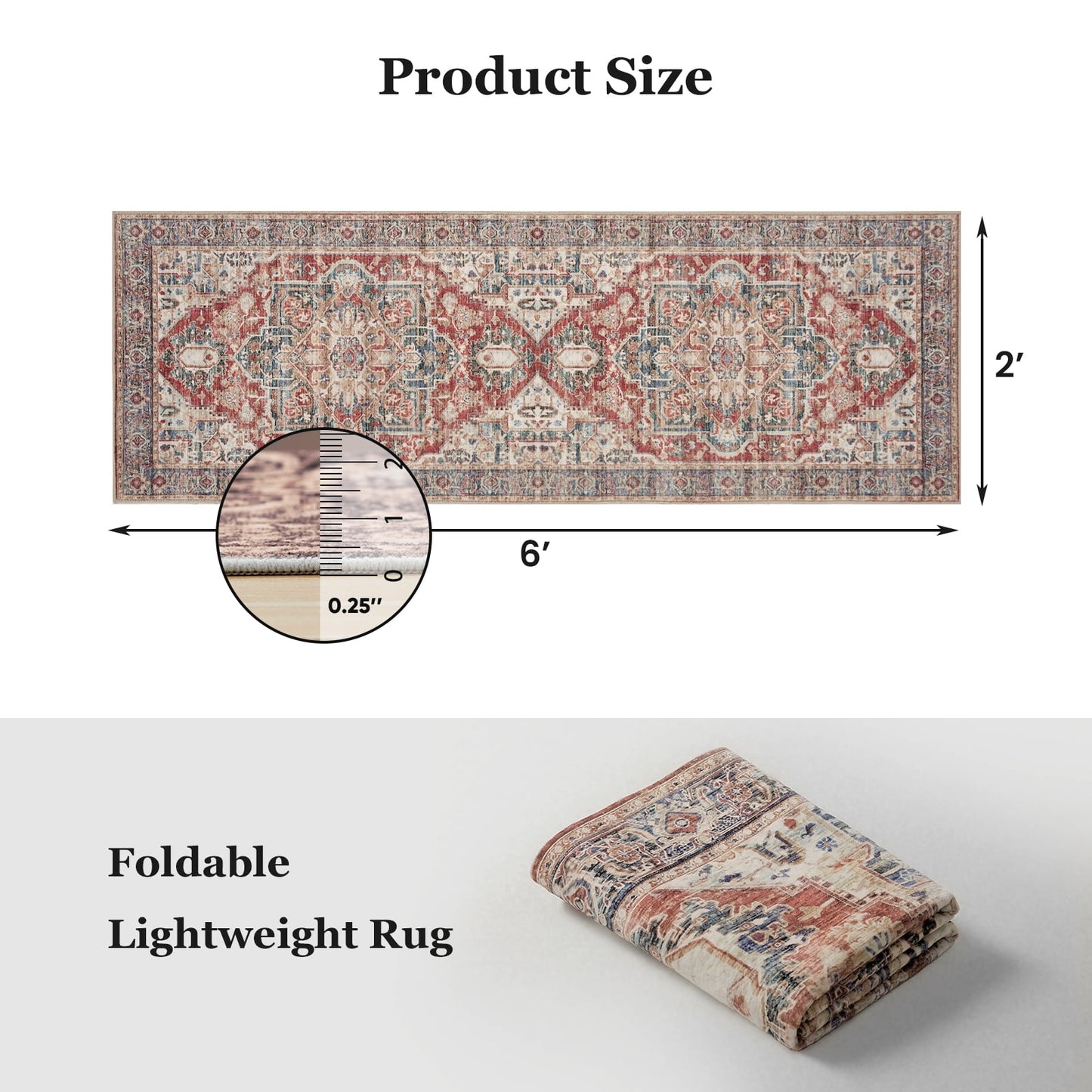 2'x6' Boho Runner Rug for Hallway, Machine Washable Stain Resistant Non-Shed Carpet, Runner Rug with Non-Slip Backing for Kitchen, Entryway, Bedroom, Laundry, Bathroom