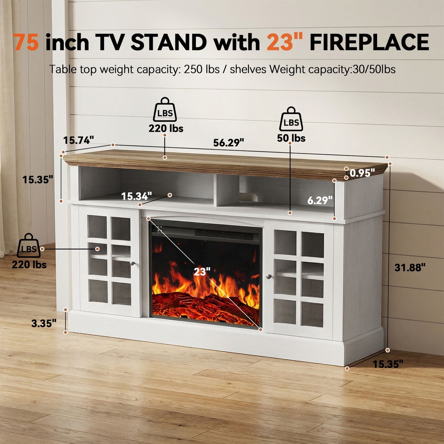 Electric Fireplace TV Stand up to 75" TVs, Farmhouse Entertainment Center wiht 23" Fireplace for Living Room, White