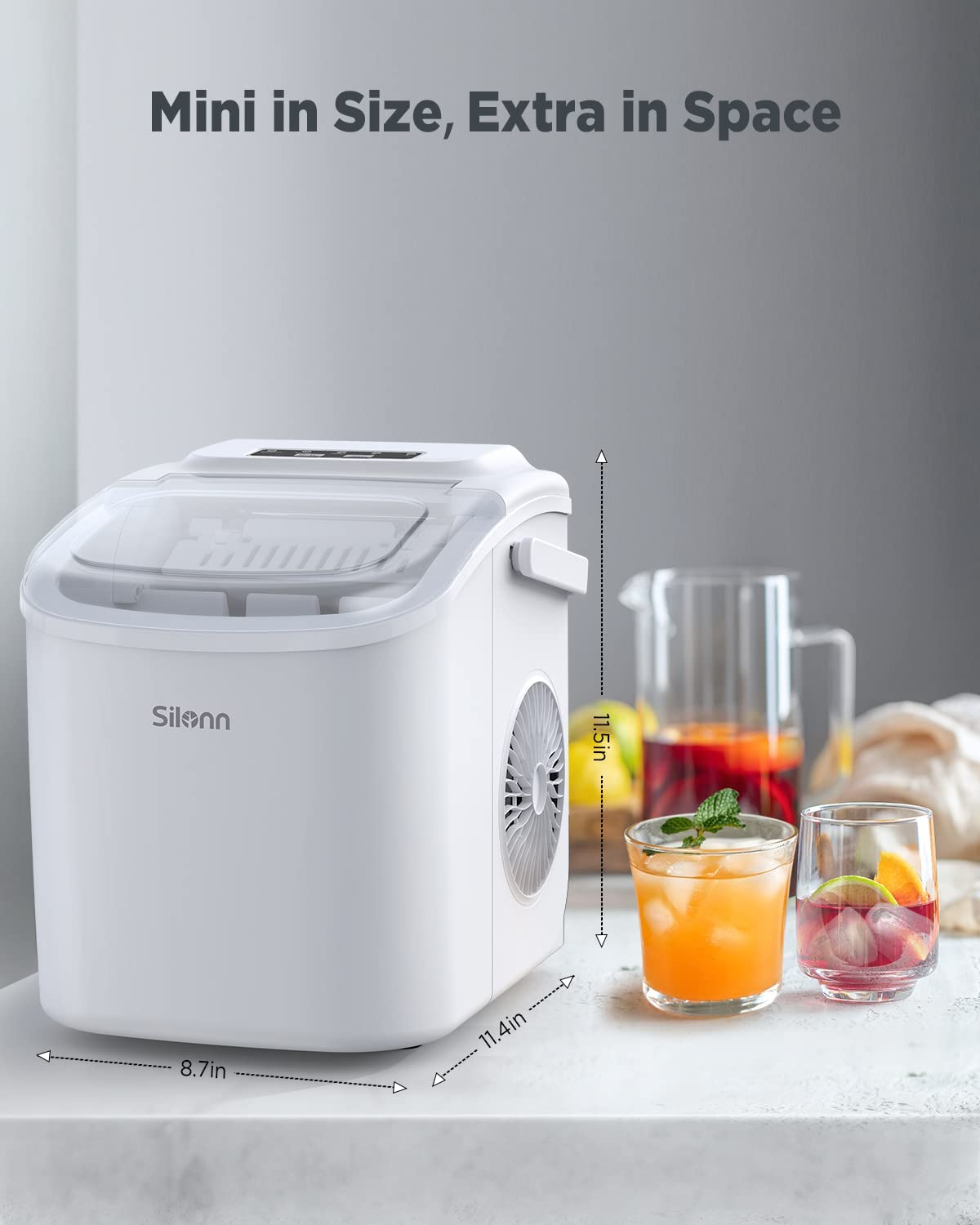 Countertop Ice Maker, 9 Cubes Ready in 6 Mins, 26lbs in 24Hrs, Self-Cleaning Ice Machine with Ice Scoop and Basket, 2 Sizes of Bullet Ice for Home Kitchen Office Bar Party, White Ice Maker