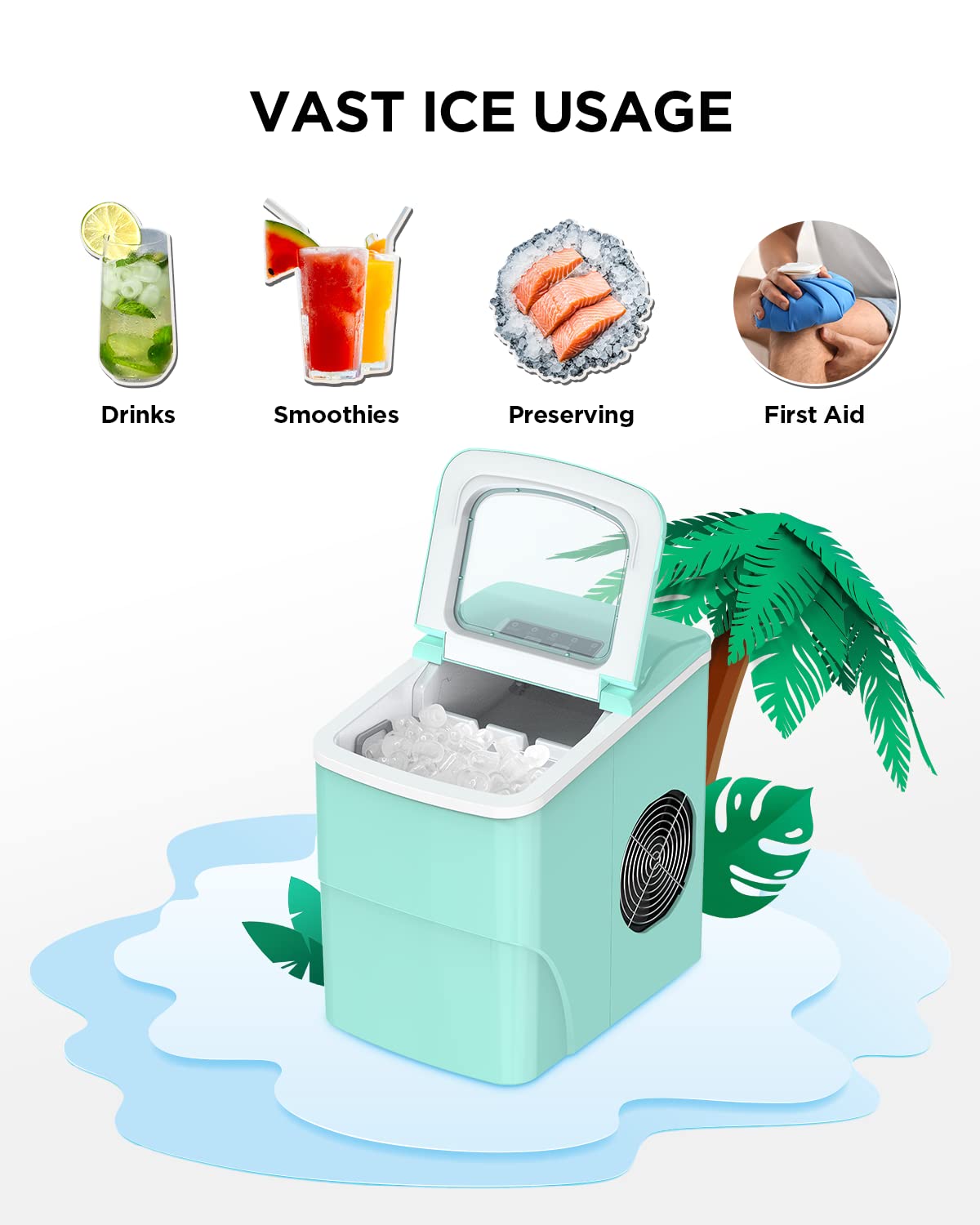 Ice Maker Machine for Countertop, 9 Bullet Ice Cubes Ready in 6 Minutes, 26lbs in 24Hrs Portable Ice Maker Machine Self-Cleaning, 2 Sizes of Bullet-Shaped Ice for Home Kitchen Office Bar Party Green