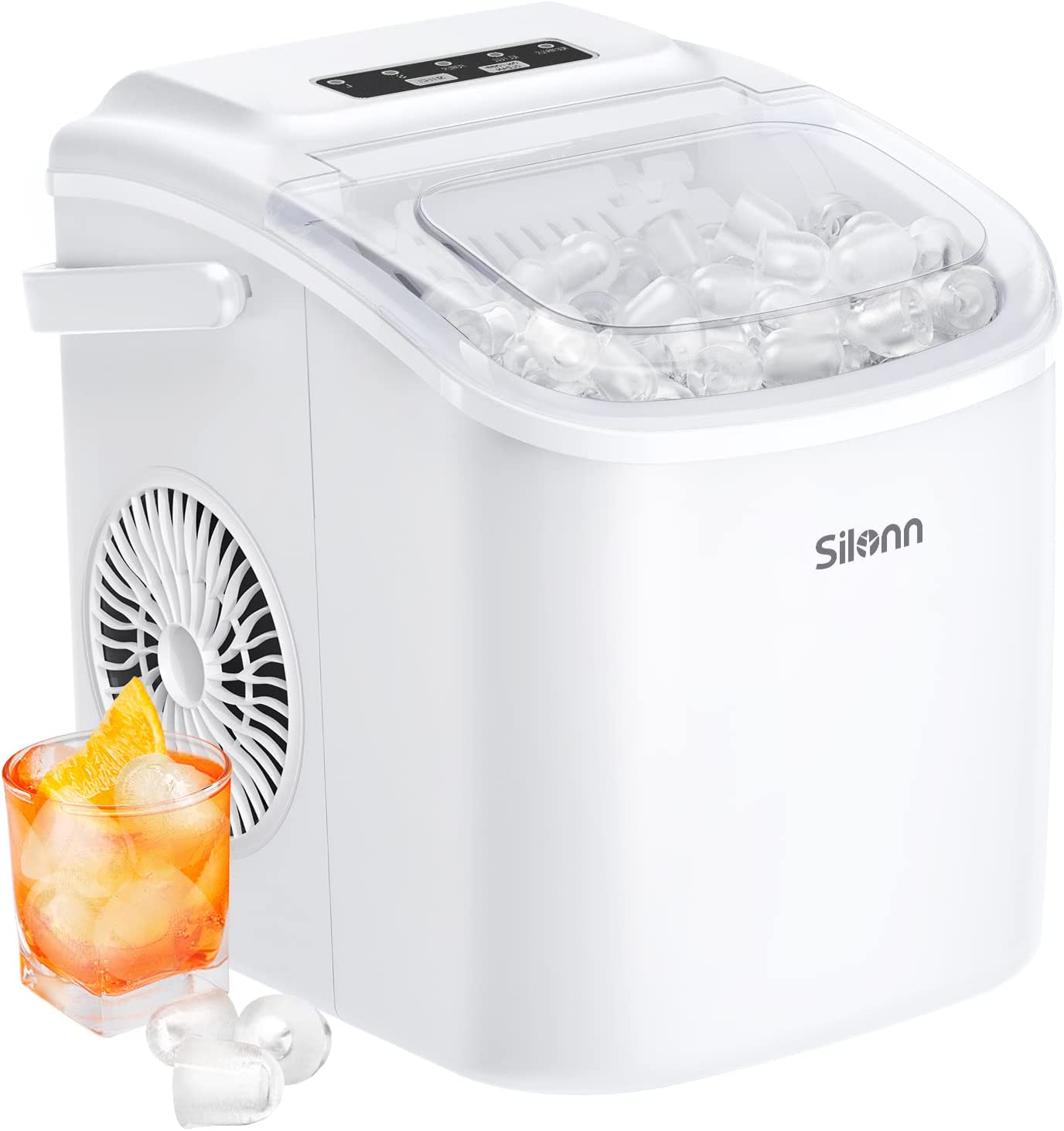 Countertop Ice Maker, 9 Cubes Ready in 6 Mins, 26lbs in 24Hrs, Self-Cleaning Ice Machine with Ice Scoop and Basket, 2 Sizes of Bullet Ice for Home Kitchen Office Bar Party, White Ice Maker