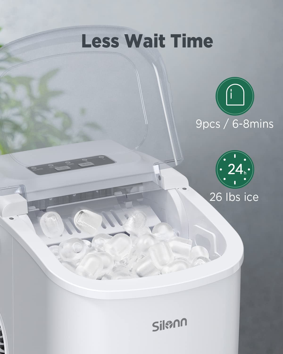 Countertop Ice Maker, 9 Cubes Ready in 6 Mins, 26lbs in 24Hrs, Self-Cleaning Ice Machine with Ice Scoop and Basket, 2 Sizes of Bullet Ice for Home Kitchen Office Bar Party, White Ice Maker