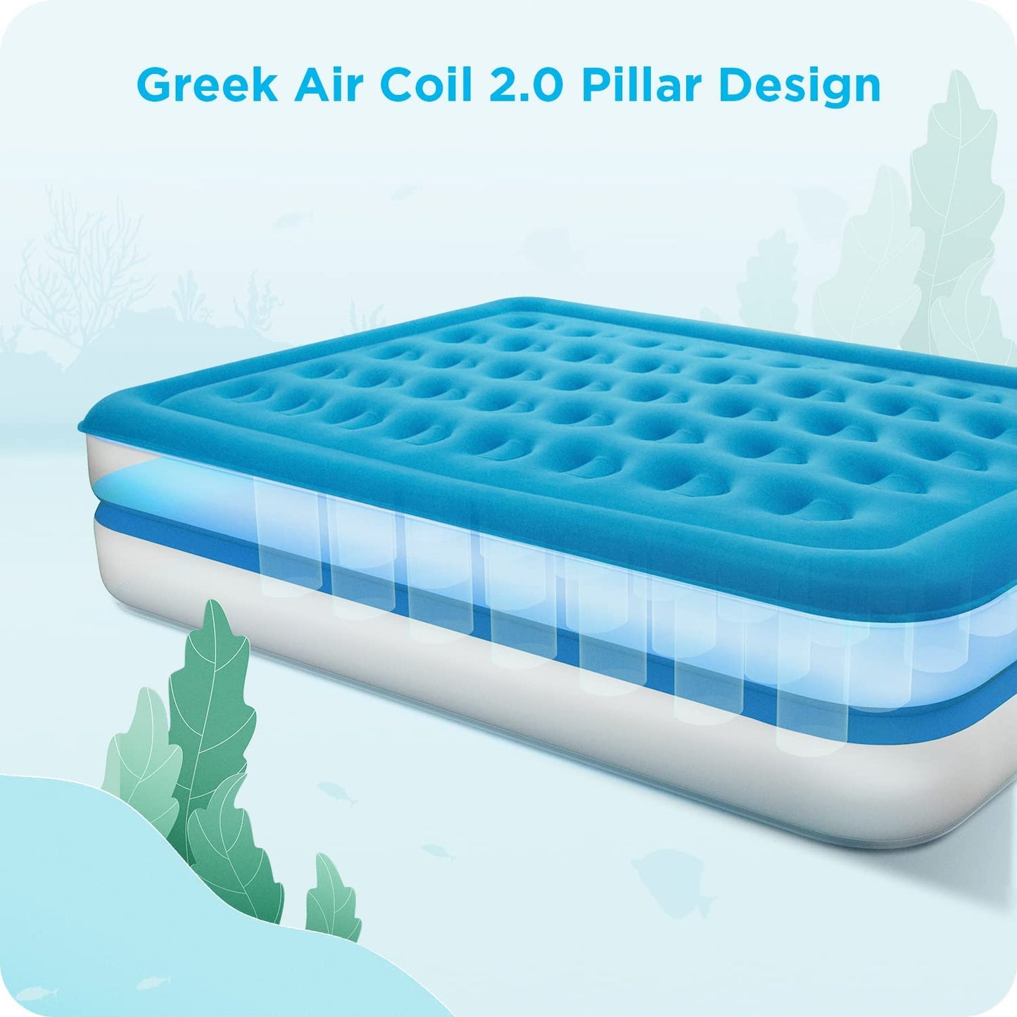Air Mattress Queen, 16" Blow Up Mattress for Home and Camping, Flocked Top Inflatable Air Bed for Guests, Family, Blue Queen Blue