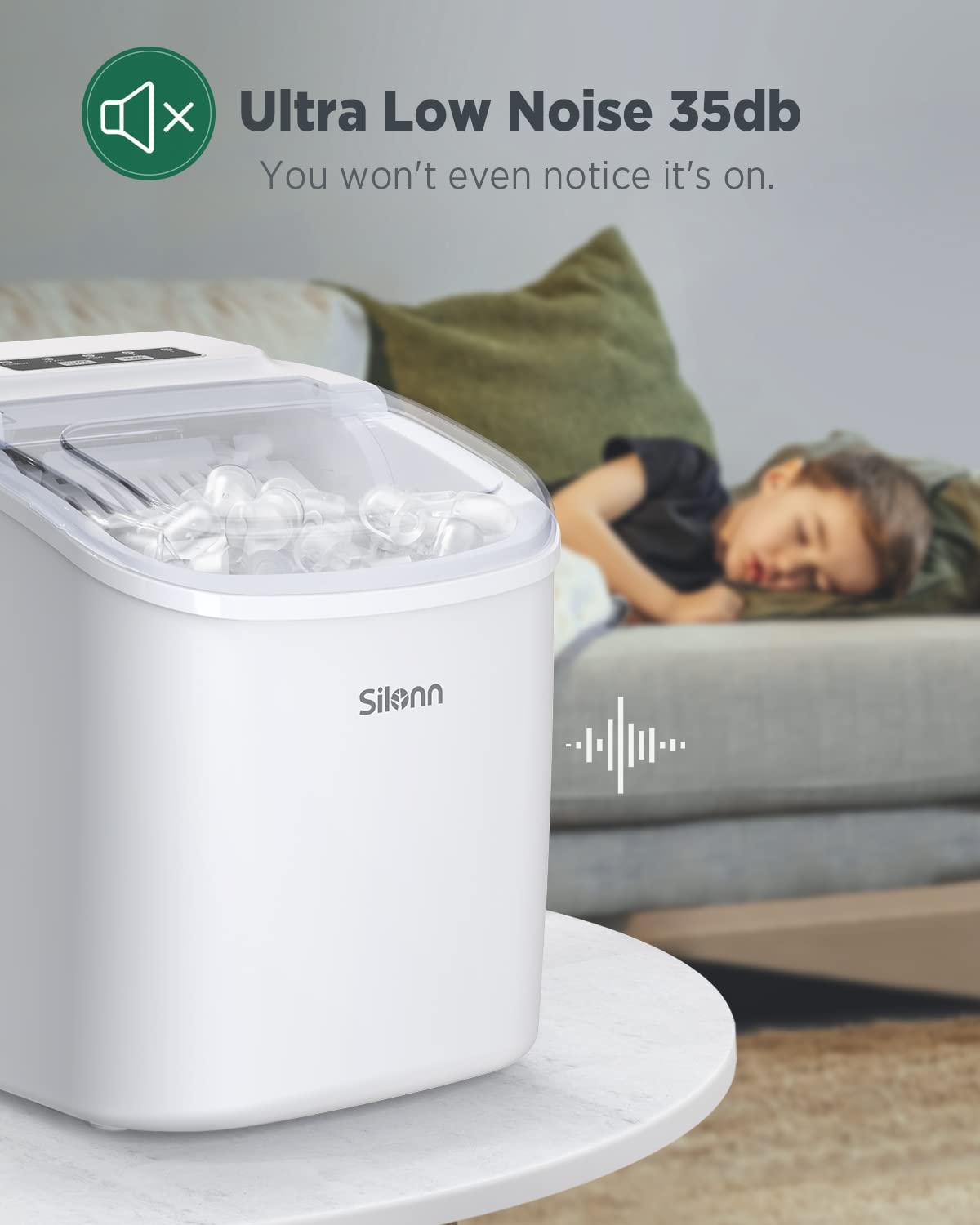Countertop Ice Maker, 9 Cubes Ready in 6 Mins, 26lbs in 24Hrs, Self-Cleaning Ice Machine with Ice Scoop and Basket, 2 Sizes of Bullet Ice for Home Kitchen Office Bar Party, White Ice Maker