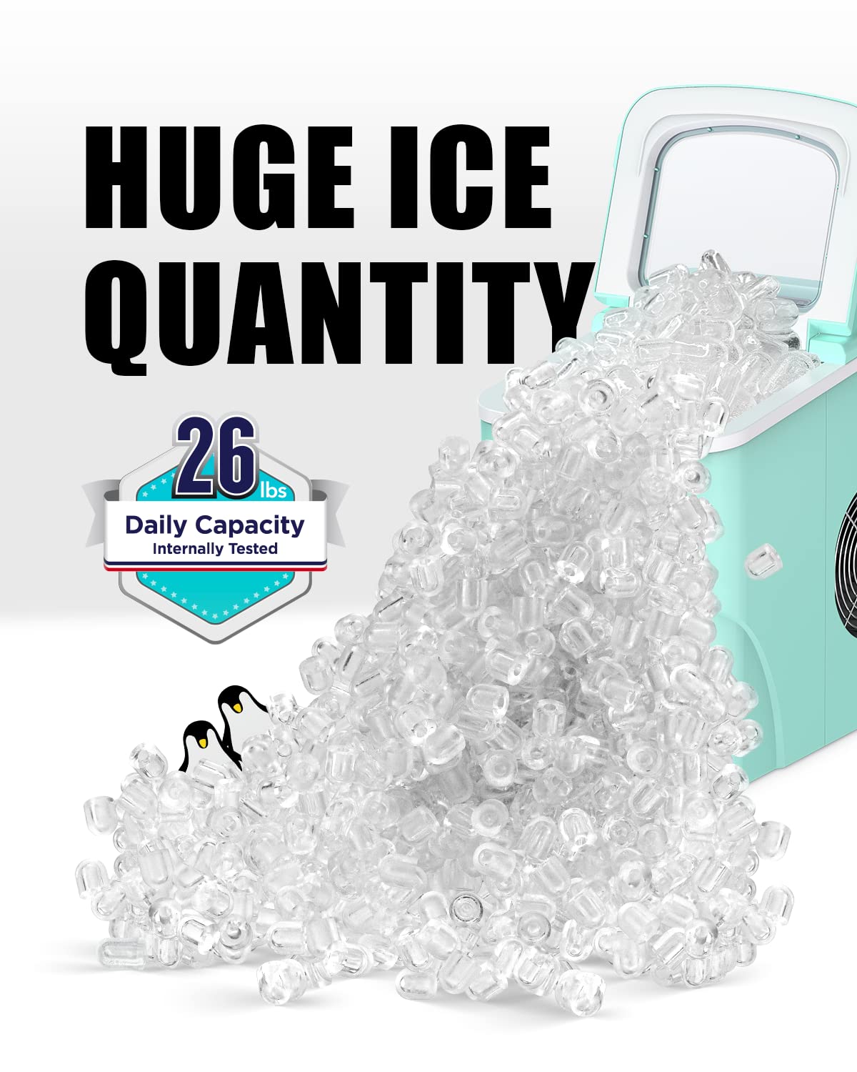 Ice Maker Machine for Countertop, 9 Bullet Ice Cubes Ready in 6 Minutes, 26lbs in 24Hrs Portable Ice Maker Machine Self-Cleaning, 2 Sizes of Bullet-Shaped Ice for Home Kitchen Office Bar Party Green