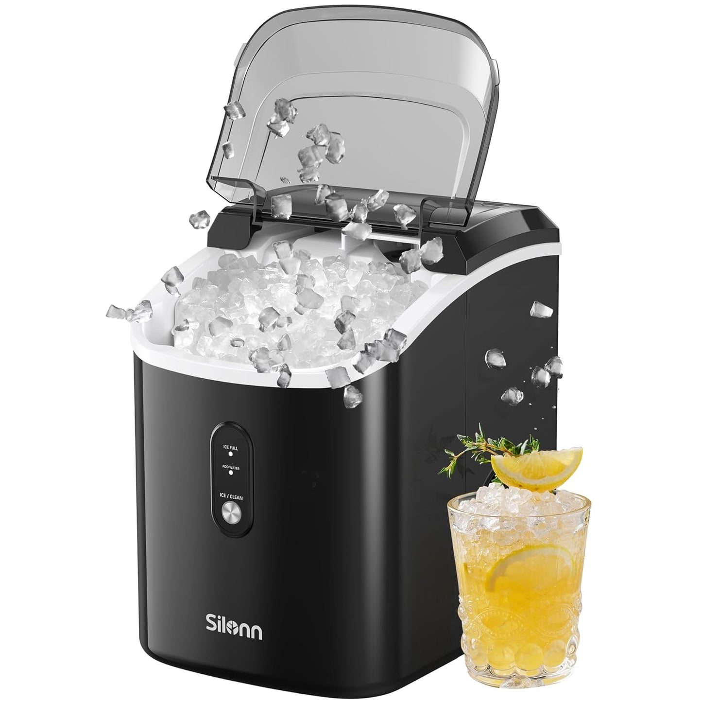 Nugget Ice Maker Countertop - 33lbs/24H, Pebble Ice Maker Machine with Self-Cleaning Function, Ice Makers for Home Kitchen Office,Black