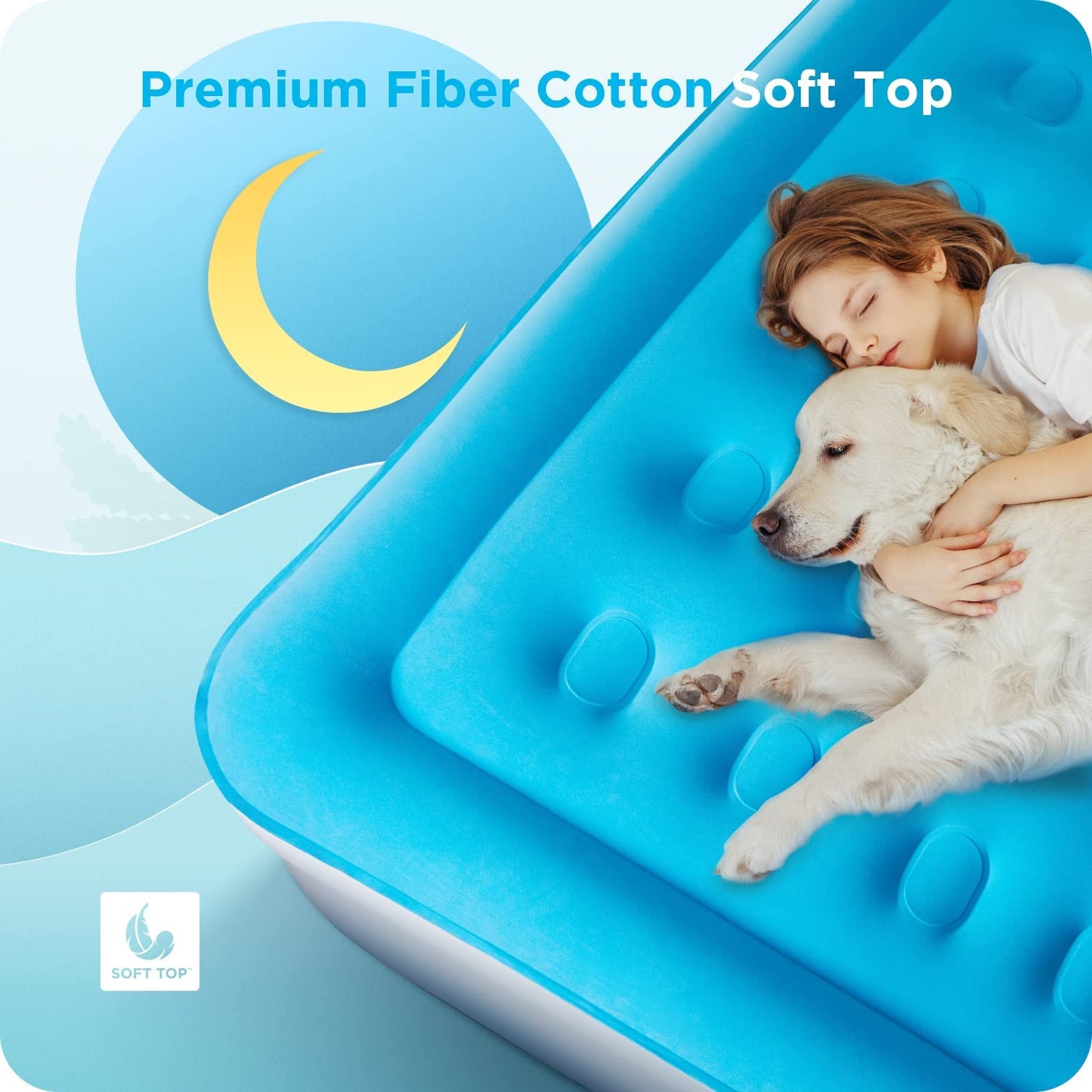 Air Mattress Queen, 16" Blow Up Mattress for Home and Camping, Flocked Top Inflatable Air Bed for Guests, Family, Blue Queen Blue