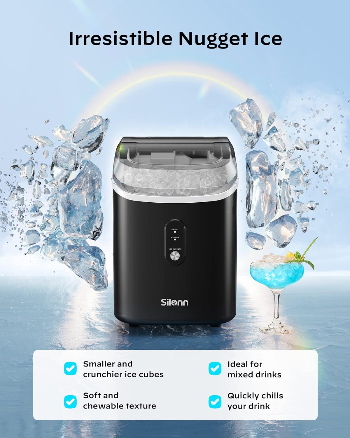 Nugget Ice Maker Countertop - 33lbs/24H, Pebble Ice Maker Machine with Self-Cleaning Function, Ice Makers for Home Kitchen Office,Black