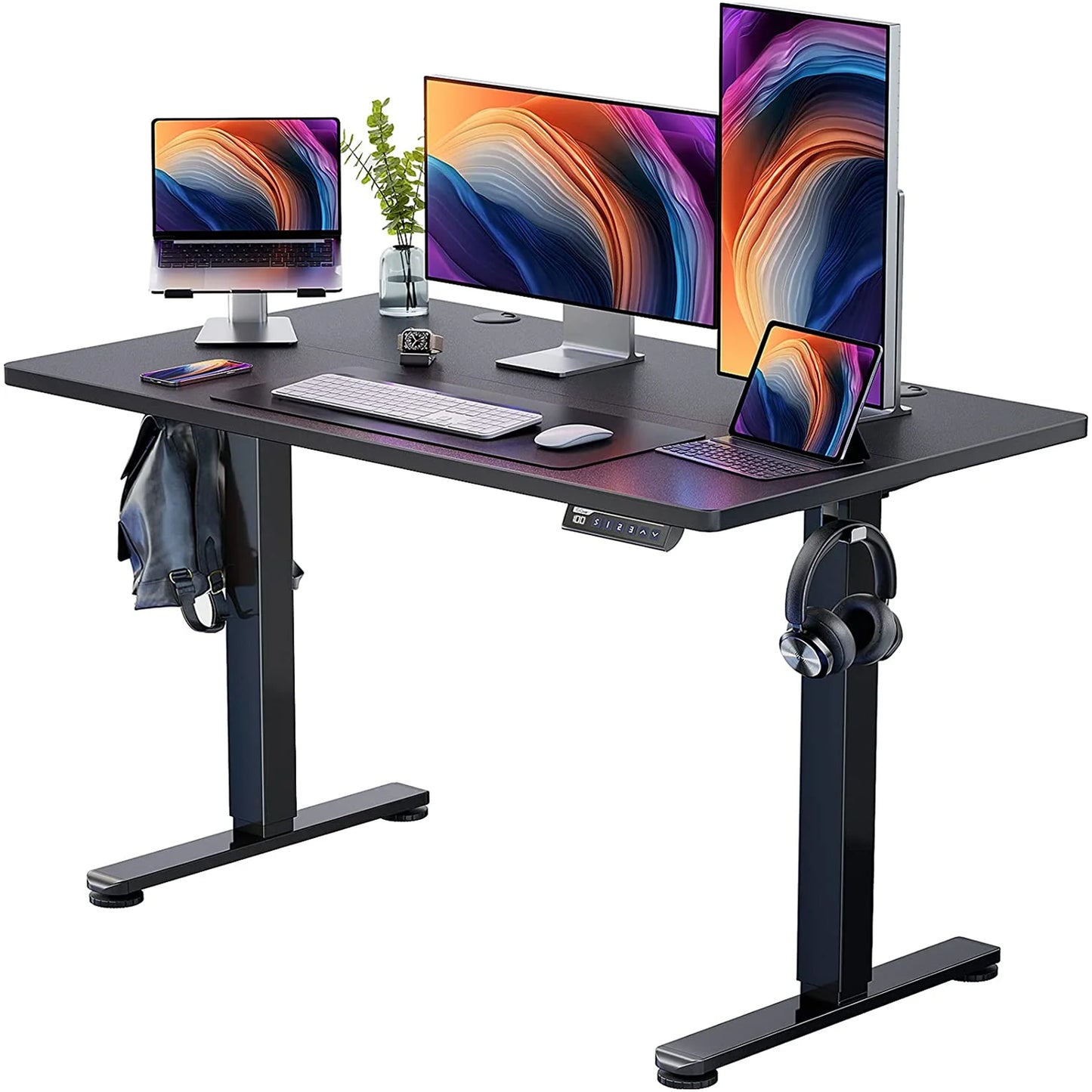 CHITOOMA 48" x 24" Electric Standing Desk with 4 Memory Preset Heights, Height Adjustable Sit Stand up Desk with Headphone Hook for Home Office, Black