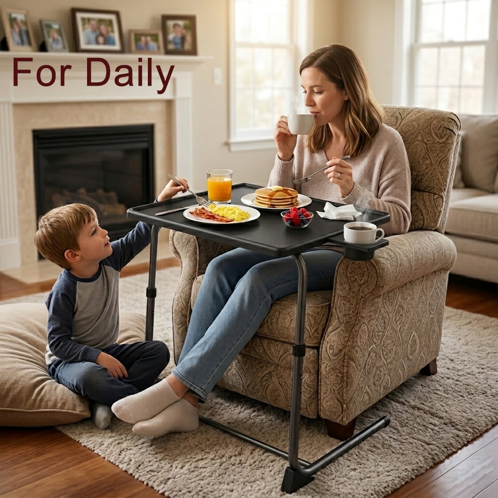 CHITOOMA TV Tray Table with 3" Cup Holder, Adjustable TV Dinner Tray for Eating, 6 Heights & 3 Tilt Angles, Up to Hold 50 lbs, Black