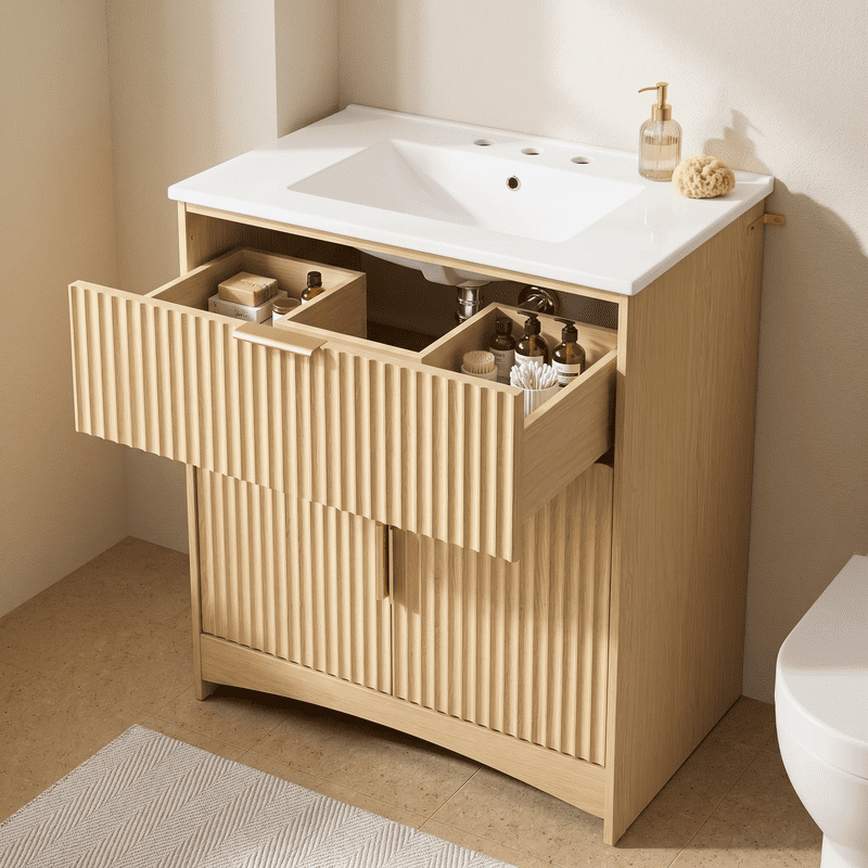 30 Inch Bathroom Vanity with Ceramic Sink, Freestanding Bathroom Sink Cabinet with Fluted Doors, 2 Doors and 1 Drawer, Adjustable Shelf, Modern Bathroom Storage Combo, Natural Oak