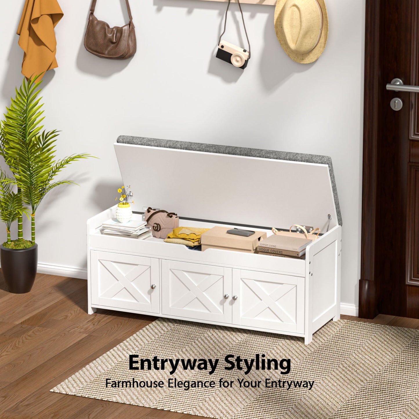 CHITOOMA 43.4" Shoe Storage Bench with Cushion and Barn Doors for Entryway, Bedroom, Shoe Rack Bench Adjustable Shelf with Lift Top Storage, 440 lbs, White