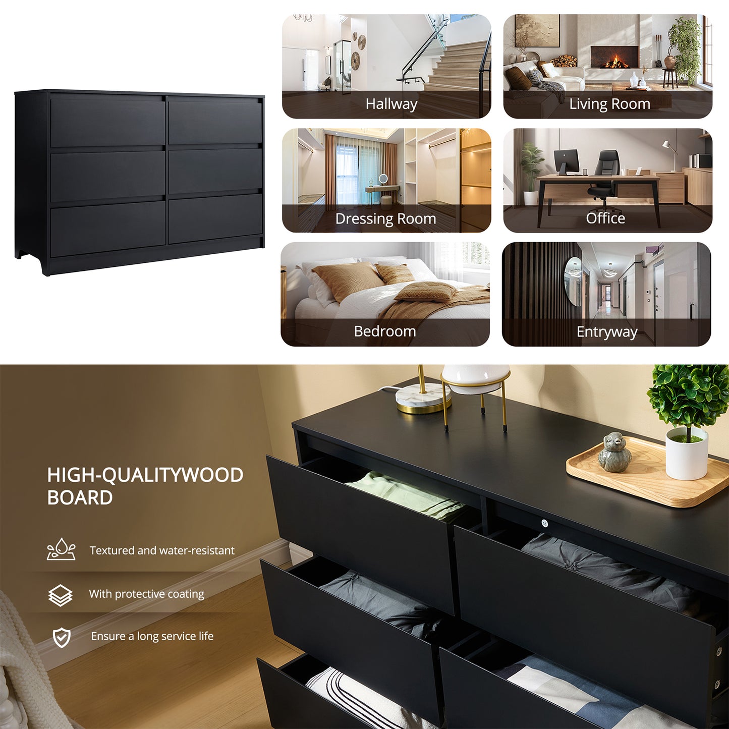 CHITOOMA 6 Drawer Double Dresser, 47.2" Adult Wood Storage Side Cabinet Chest of Drawer for Bedroom Living Room Hallway, Black