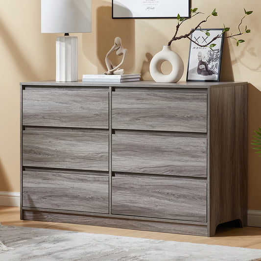CHITOOMA 6 Drawer Double Dresser, 47.2" Adult Wood Storage Side Cabinet Chest of Drawer for Bedroom Living Room Hallway, Gray