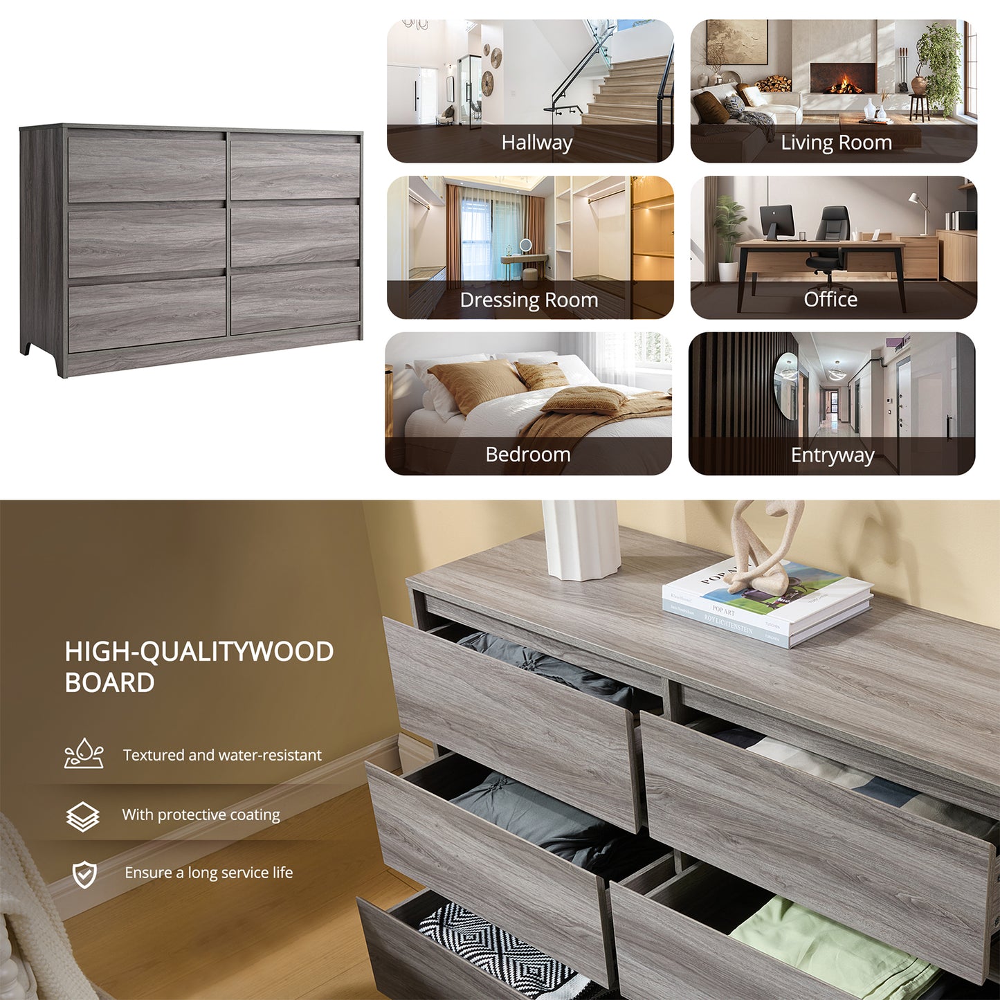 CHITOOMA 6 Drawer Double Dresser, 47.2" Adult Wood Storage Side Cabinet Chest of Drawer for Bedroom Living Room Hallway, Gray