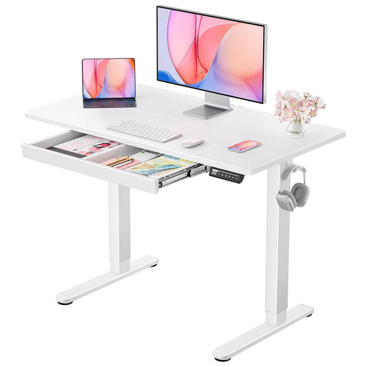 CHITOOMA Electric Standing Desk with Built-in Drawer, 44" x 24" Adjustable Height Computer Desk, 4 Memory Presets for Home Office, White