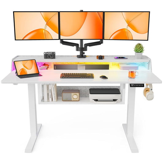 CHITOOMA Electric Standing Desk with LED & Storage, 55" x 28" Height Adjustable Computer Desk, C-Clamp Mount Compatible Ergonomic Table for Home Office, White