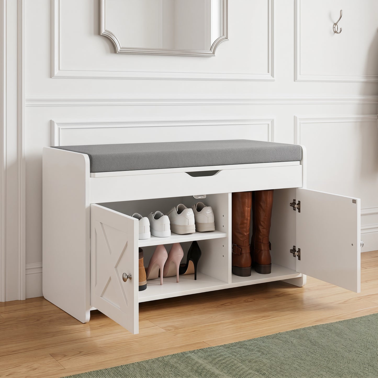 2-Tier Shoe Storage Bench with Cushioned Seat,Adjustable Shelves & Barn Doors,300 lbs Capacity for Entryway,Bedroom,Living Room – 31.5" x 15" x 18",White