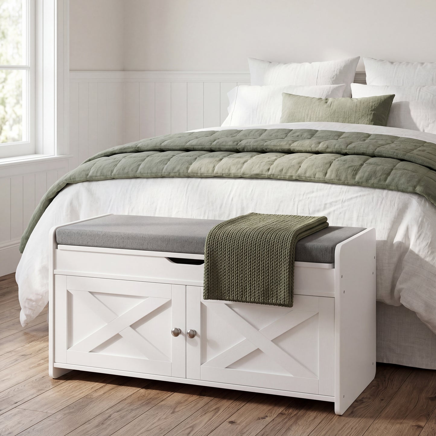 2-Tier Shoe Storage Bench with Cushioned Seat,Adjustable Shelves & Barn Doors,300 lbs Capacity for Entryway,Bedroom,Living Room – 31.5" x 15" x 18",White