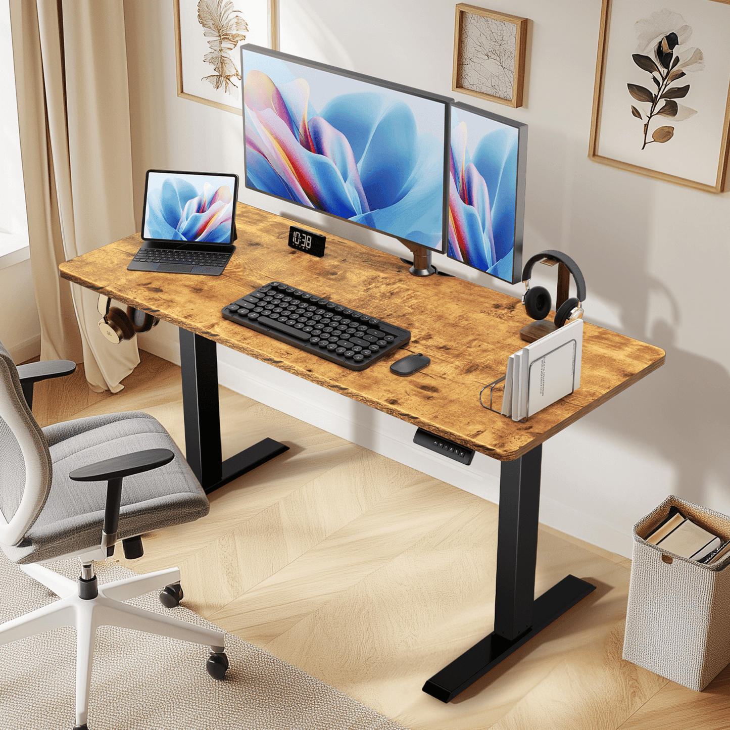 CHITOOMA 55" x 24" Electric Standing Desk, Adjustable Height Table with 4 Memory Pre-Set, Home Office Gaming Desk with Headphone Hook, Brown