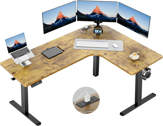 CHITOOMA 63″ Dual Motor L-Shaped Standing Desk, Built-in Power Outlets, Electric Height Adjustable, Large Power Strip Holder, Sit Stand Up Desk with 3 Preset Heights, Vintage Brown