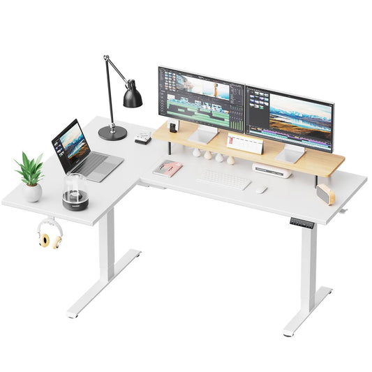 CHITOOMA L-Shaped Electric Standing Desk with Cable Tray, 71″ x 48″ Dual Motor Height Adjustable Sit to Stand Computer Desk with 3 Preset Heights, 2 Hooks for Home Office, White