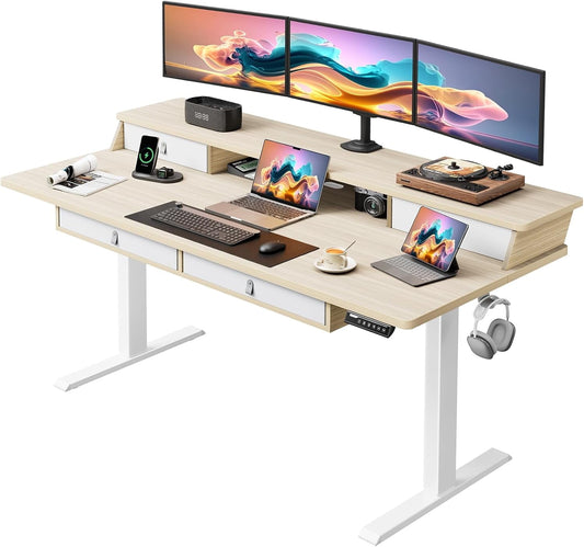 CHITOOMA 63″ x 30″ Standing Desk with Drawers, Electric Height Adjustable Sit Stand Desk with Storage Shelf, 4 Memory Preset Computer Desk with Cable Management Tray for Home Office, Natural