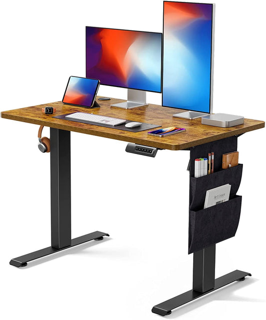 CHITOOMA Electric Standing Desk with Storage Bag, 40" x 24" Adjustable Height Sit to Stand Desk with 4 Memory Pre-Set, Headphone Hook for Home Office, Rustic Brown