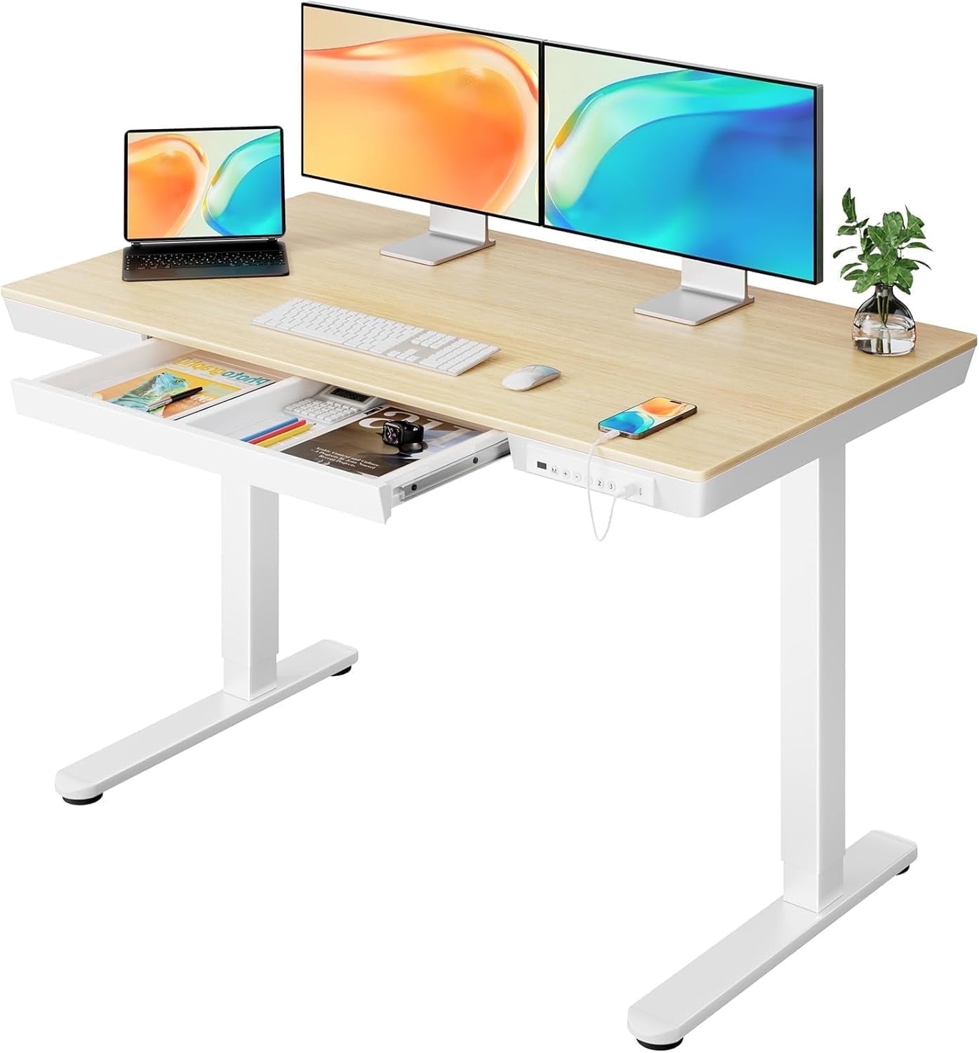 CHITOOMA One Piece Electric Standing Desk with Drawer, 48" x 24" Maple Wood-top Height Adjustable Office Desk with USB Charging Ports, Sit to Stand Desk for Home