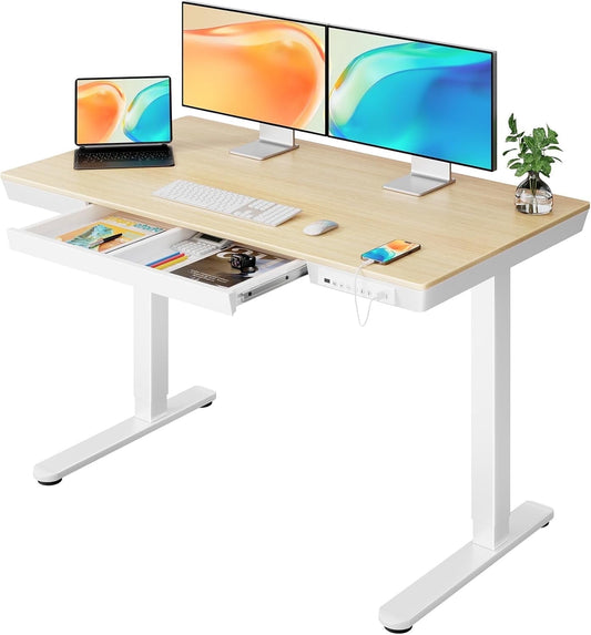CHITOOMA One Piece Electric Standing Desk with Drawer, 48" x 24" Maple Wood-top Height Adjustable Office Desk with USB Charging Ports, Sit to Stand Desk for Home