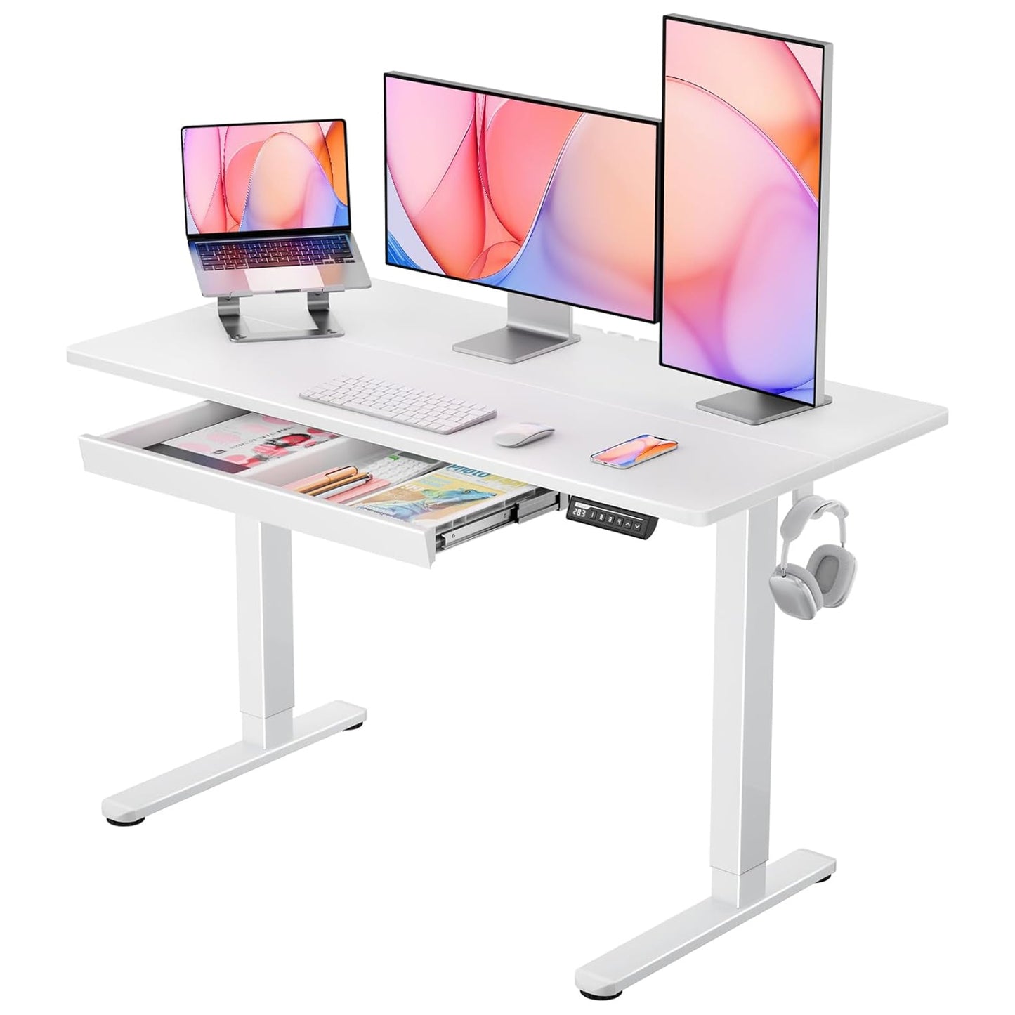 CHITOOMA Electric Standing Desk with Built-in Drawer, 48" x 24" Adjustable Height Computer Desk, 4 Memory Presets for Home Office, White