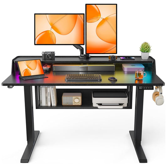 CHITOOMA Electric Standing Desk with LED & Storage, 48" x 24" Height Adjustable Computer Desk, C-Clamp Mount Compatible Ergonomic Table for Home Office, Black