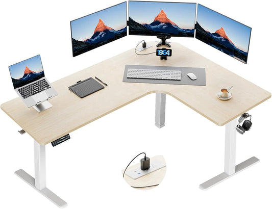 CHITOOMA 63″ Dual Motor L-Shaped Standing Desk, Built-in Power Outlets, Electric Height Adjustable , Large Power Strip Holder, Sit Stand Up Desk with 3 Preset Heights, Natural Wood