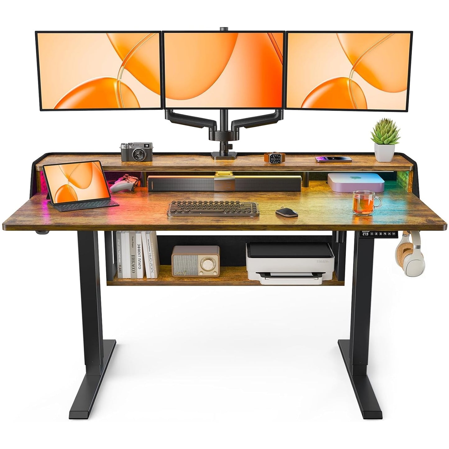 CHITOOMA Electric Standing Desk with LED & Storage, 55" x 28" Height Adjustable Computer Desk, C-Clamp Mount Compatible Ergonomic Table for Home Office, Brown