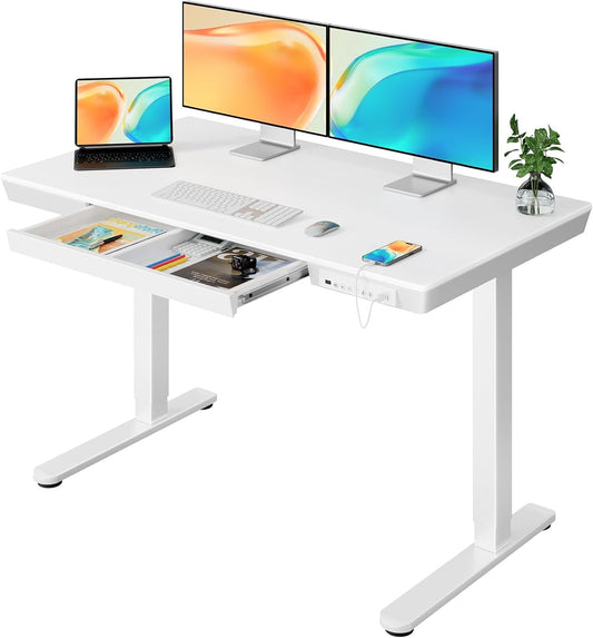CHITOOMA Electric Standing Desk with Drawer, One Piece Tabletop 48" x 24" Height Adjustable Office Desk with USB Charging Ports, Sit to Stand Desk for Home, White