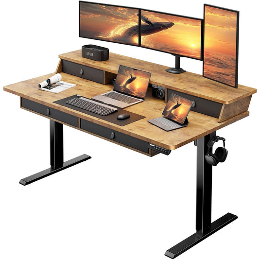 CHITOOMA 63″ x 30″ Standing Desk with Drawers, Electric Height Adjustable Sit Stand Desk with Storage Shelf, 4 Memory Preset Computer Desk with Cable Management Tray for Home Office, Brown