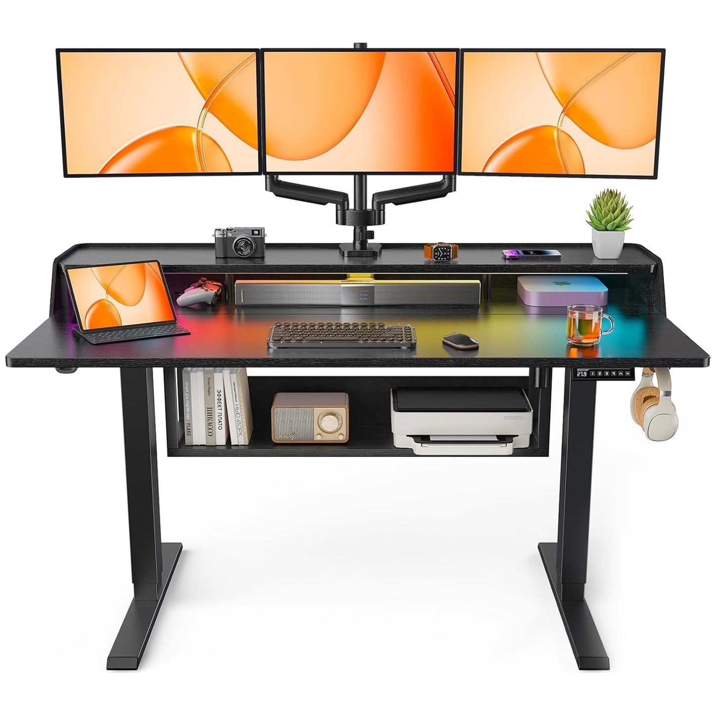 CHITOOMA Electric Standing Desk with LED & Storage, 55" x 28" Height Adjustable Computer Desk, C-Clamp Mount Compatible Ergonomic Table for Home Office, Black