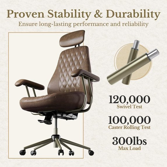 BESTERGO High Back Ergonomic Office Chair with Lumbar Support, Adjustable Swivel Desk Chair in Premium Faux Leather for Home Office Comfort, Brown – 300 lbs Capacity