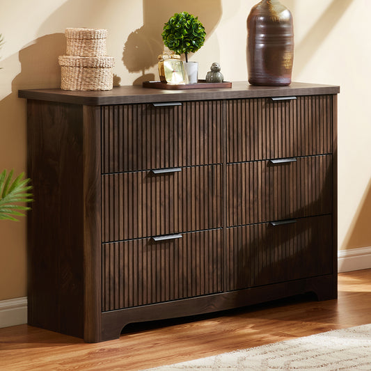 CHITOOMA Fluted Dresser for Bedroom, Modern Wooden 6 Drawer Dresser, Storage Cabine Chest of Drawers for Living Room Hallway, Walnut