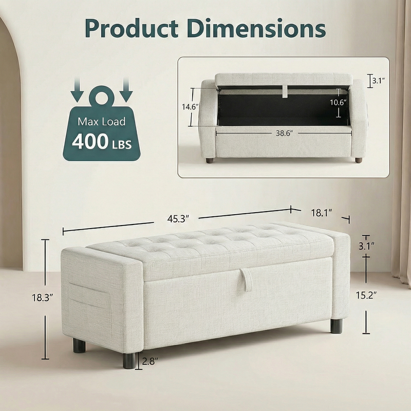 46" Storage Ottoman Bench, 3.14" Thicker Upholstered End of Bed Bench with Folding Cover, Side Pocket, 400lb Capacity, for Living Room, Bedroom, Beige