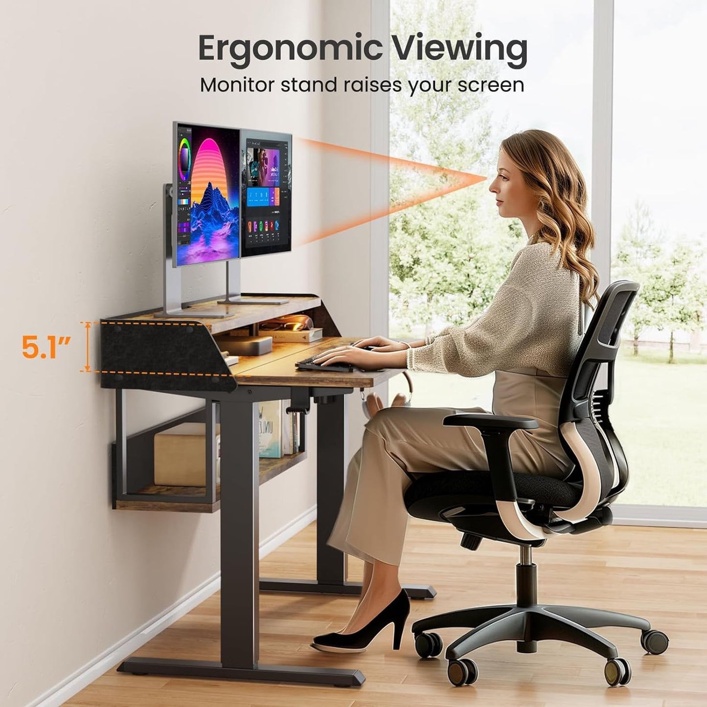 CHITOOMA Electric Standing Desk with LED & Storage, 55" x 28" Height Adjustable Computer Desk, C-Clamp Mount Compatible Ergonomic Table for Home Office, Brown
