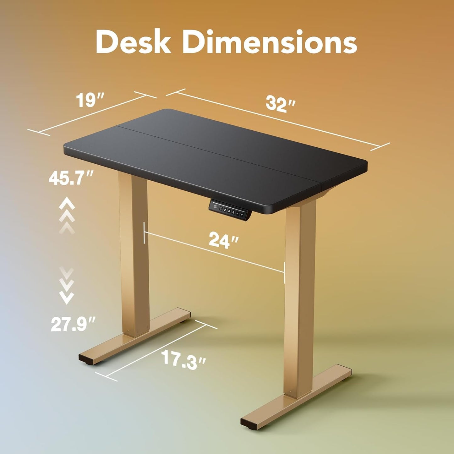 CHITOOMA Electric Standing Desk with 4 Memory Height Settings, 32" Small Height Adjustbale Desk, Sit Stand Up Desk for Home Office, Black + Gold