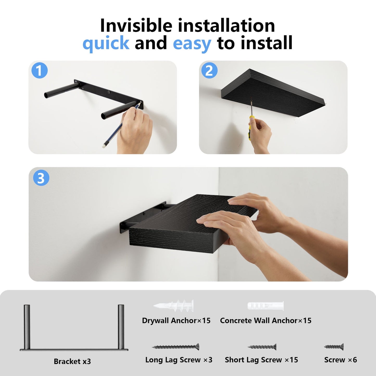 3 Sets 15 x 7" Wall Mounted Floating Shelves, Storage Shelves Perfect for Bedroom, Bathroom, Living Room and Kitchen Storage