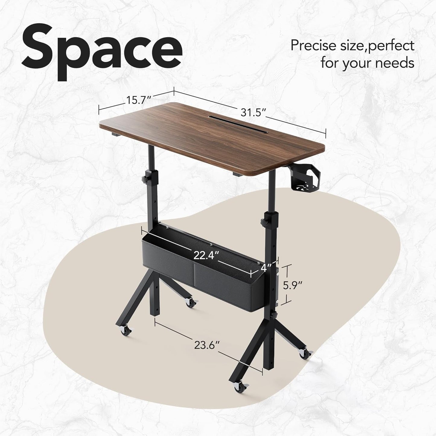 CHITOOMA Rolling Standing Desk Adjustable Height, Mobile Stand Up Desk for Walking Pad and Treadmill, Portable Computer Table with Wheels, 31.5"x15.75" Height 28.7"-46.1", Walnut