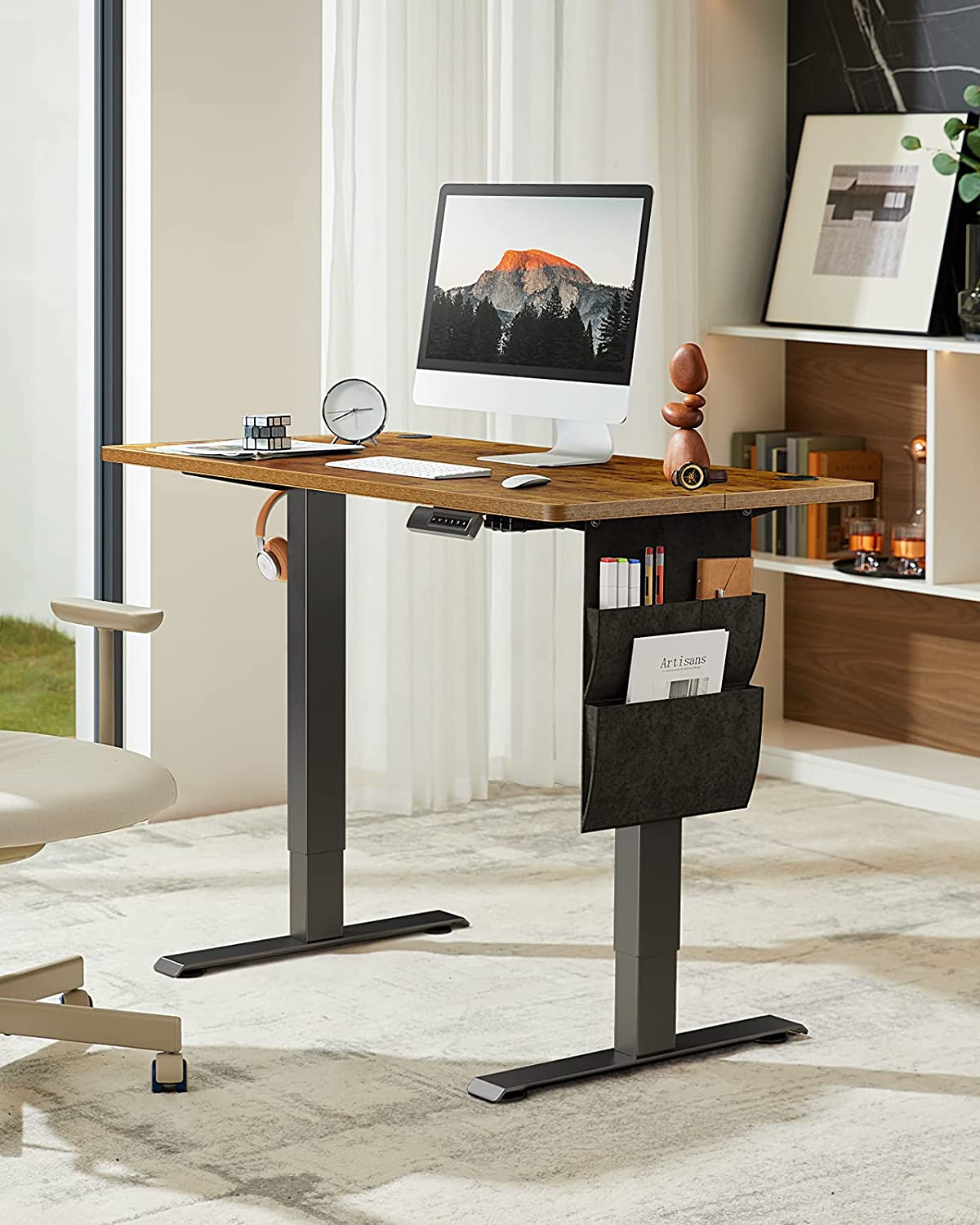 CHITOOMA Electric Standing Desk with Storage Bag, 40" x 24" Adjustable Height Sit to Stand Desk with 4 Memory Pre-Set, Headphone Hook for Home Office, Rustic Brown
