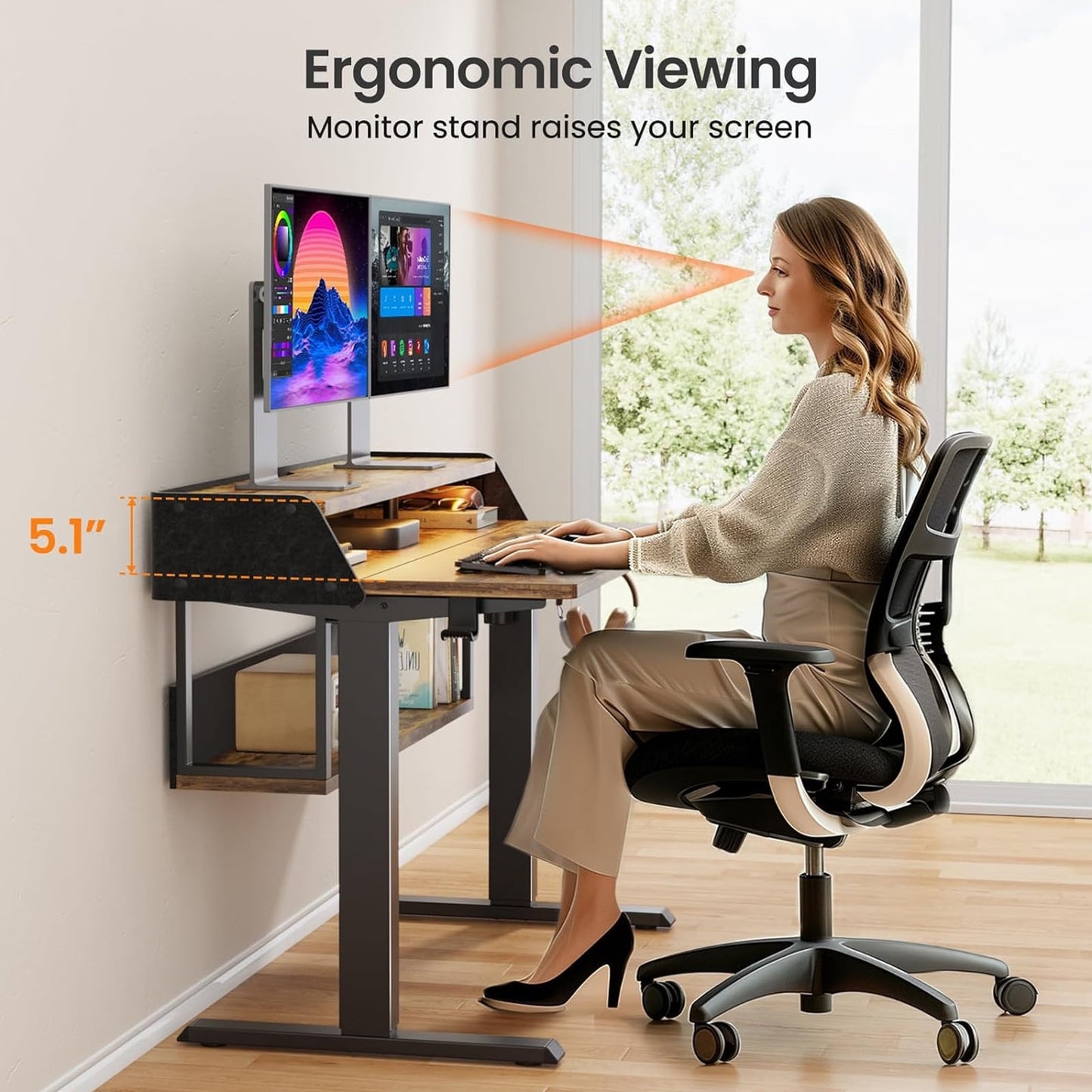 CHITOOMA Electric Standing Desk with LED & Storage, 55" x 28" Height Adjustable Computer Desk, C-Clamp Mount Compatible Ergonomic Table for Home Office, Black