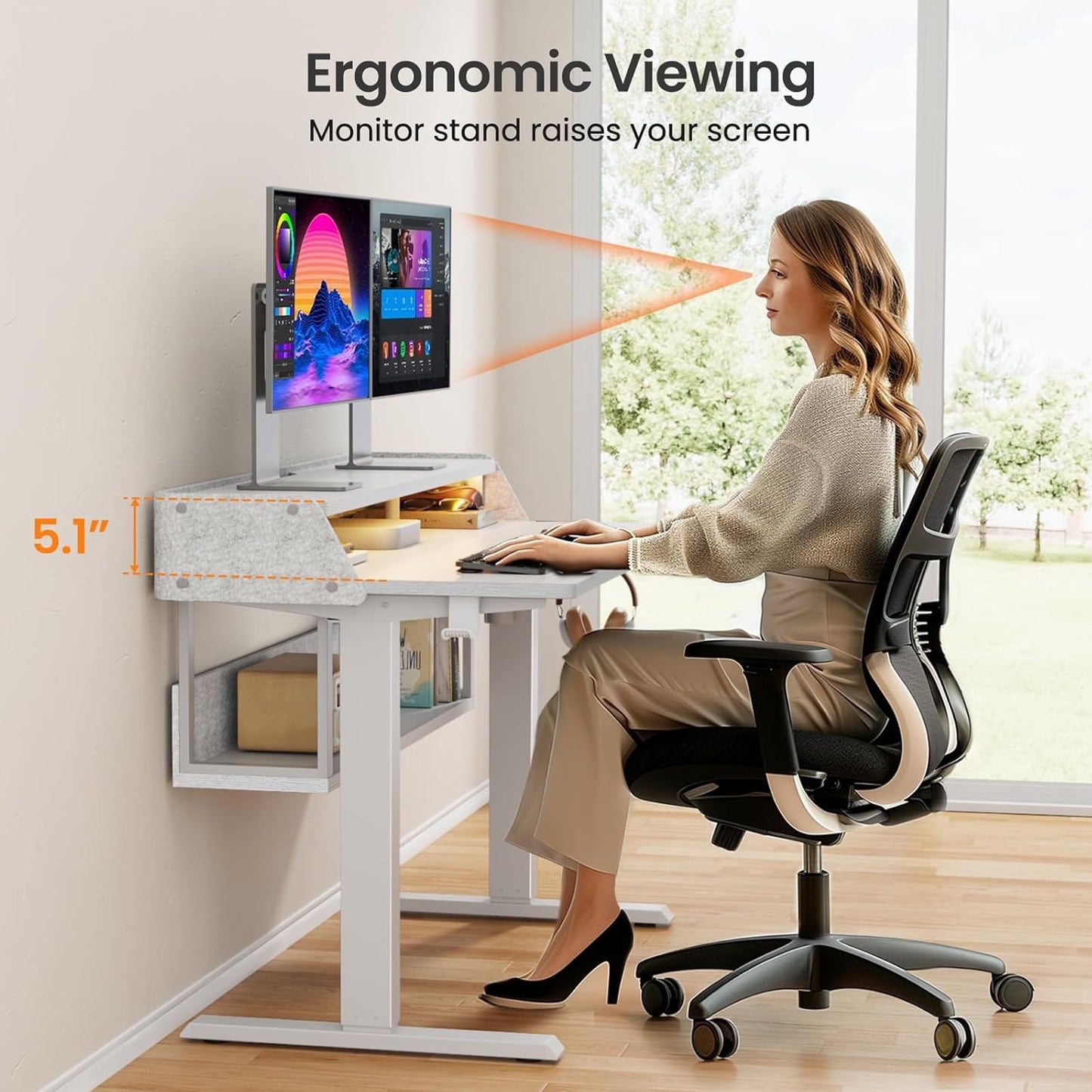 CHITOOMA Electric Standing Desk with LED & Storage, 55" x 28" Height Adjustable Computer Desk, C-Clamp Mount Compatible Ergonomic Table for Home Office, White